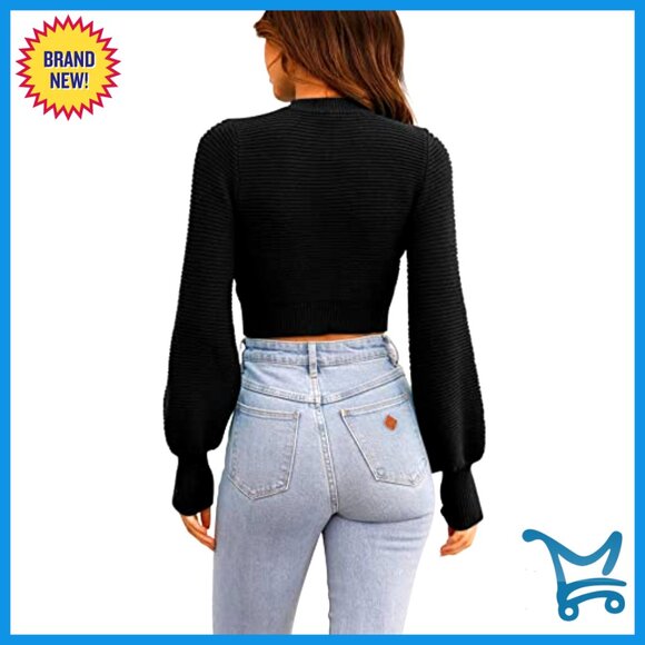 Ribbed Knit Cropped Pullover Sweater Long Balloon Sleeve Slim Fit Chic - Picture 5 of 7